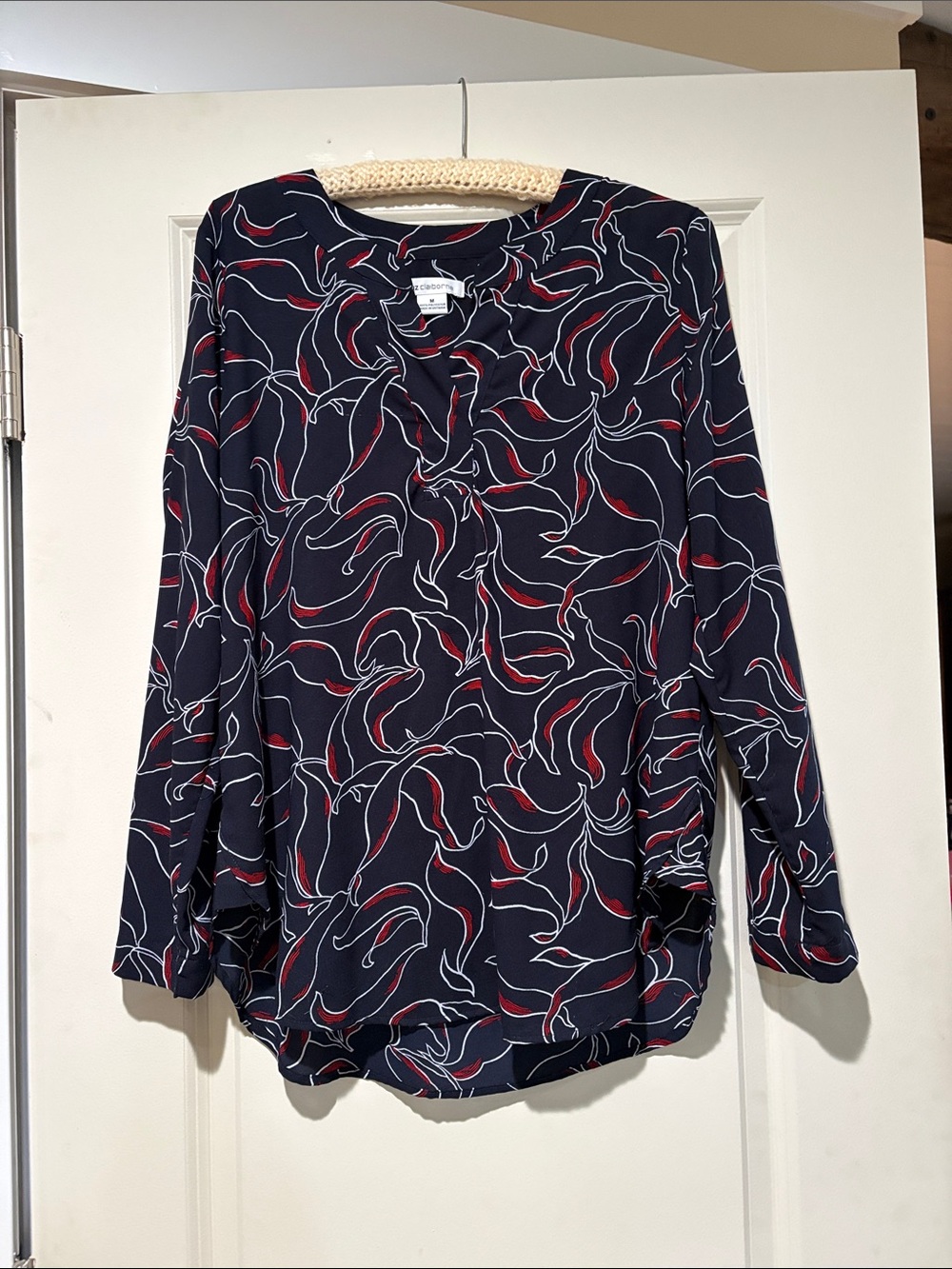 Liz Claiborne Navy Long-Sleeve Top with Red & White Swirl Print